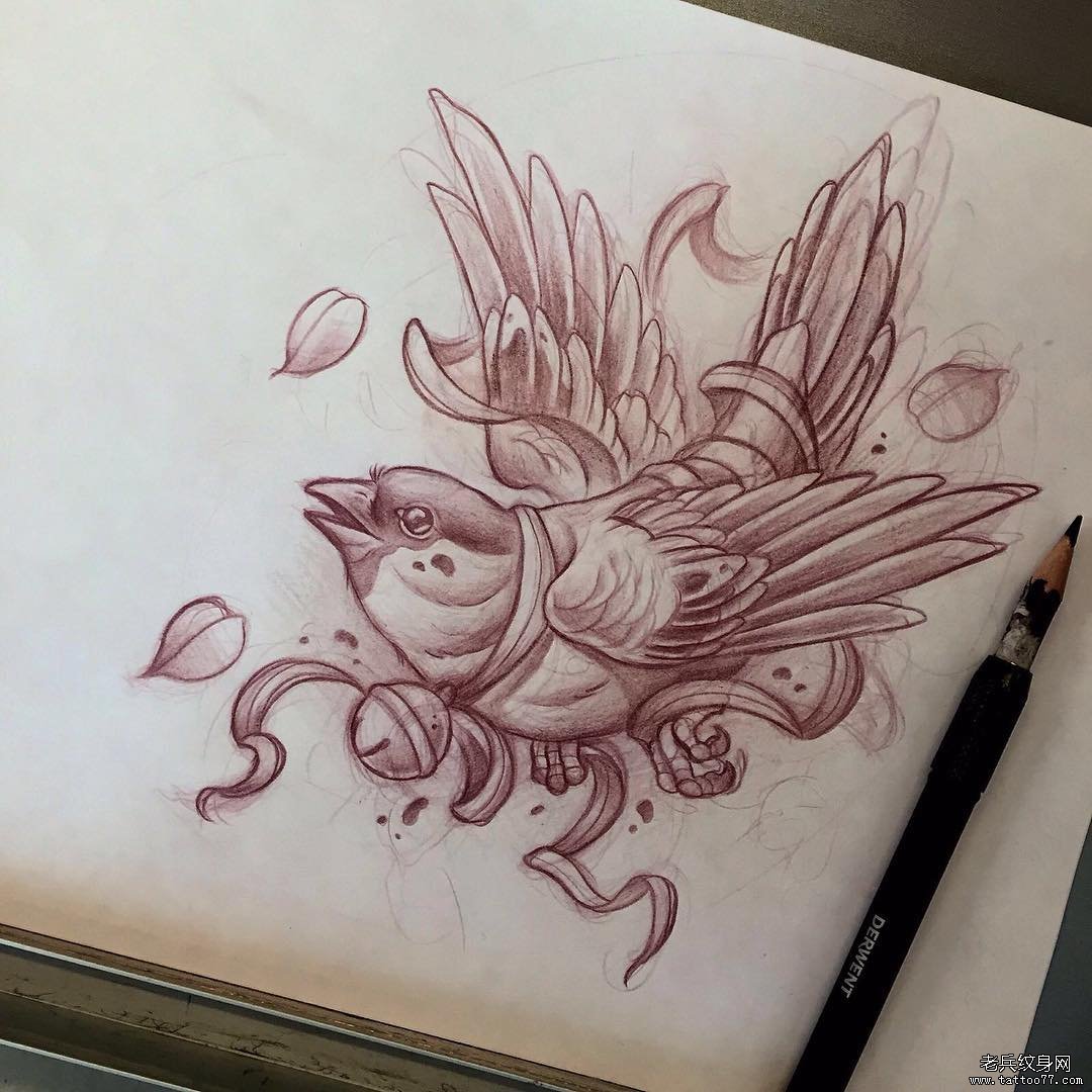 欧美鸟铃铛school纹身图案手稿