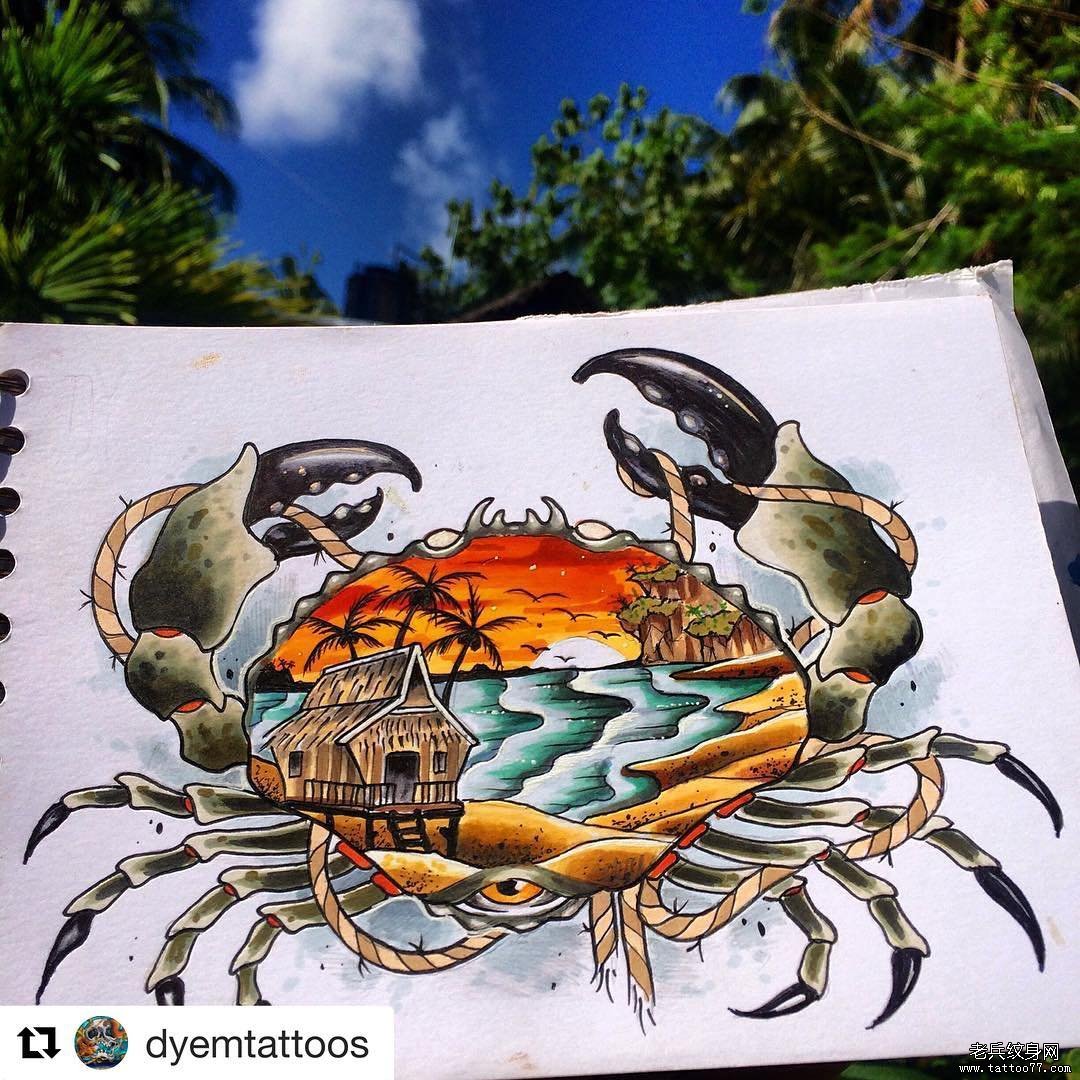 欧美school螃蟹风景纹身图案手稿