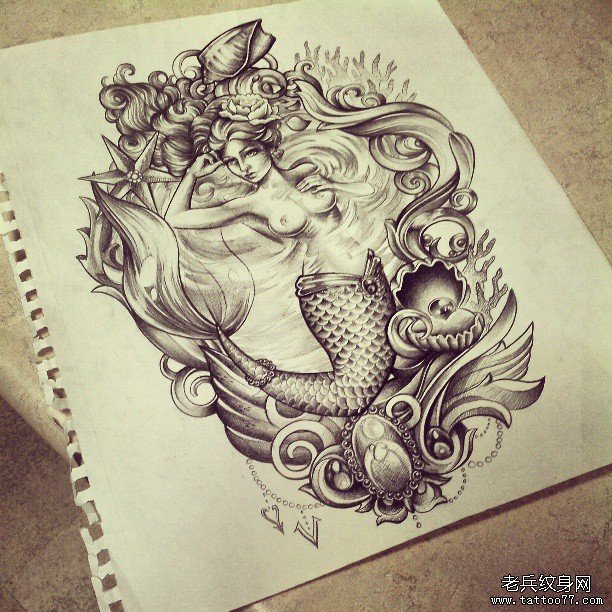 欧美黑灰school美人鱼海螺纹身图案手稿