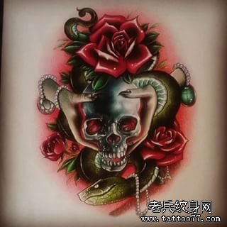 欧美骷髅玫瑰手蛇school纹身图案手稿