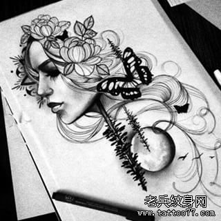 欧美黑灰school女郎蝴蝶花朵纹身图案手稿