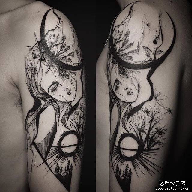大臂欧美泼墨抽象人物纹身图案