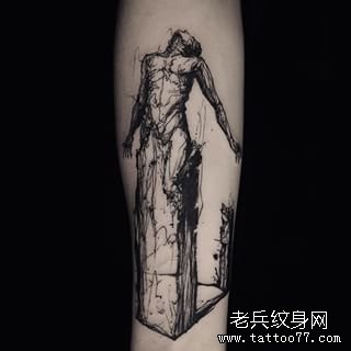 小臂抽象线条黑灰人物纹身图案