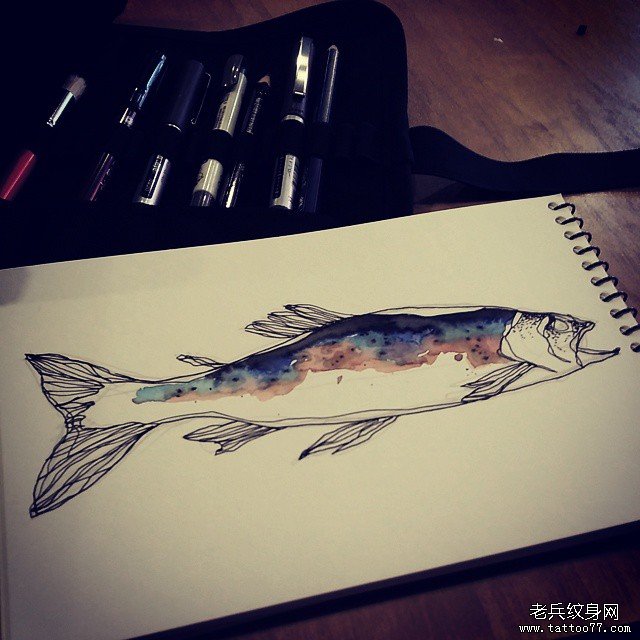 欧美水彩鱼纹身图案手稿