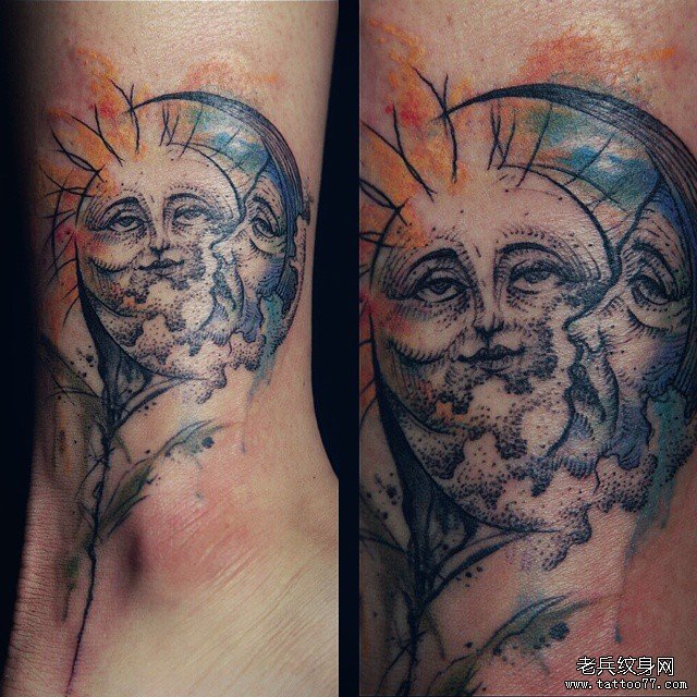 脚踝欧美太阳月亮水彩点刺纹身图案
