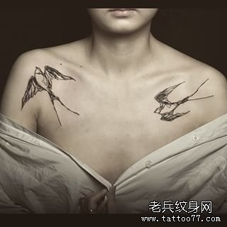 肩部欧美锁骨性感线条燕子纹身图案