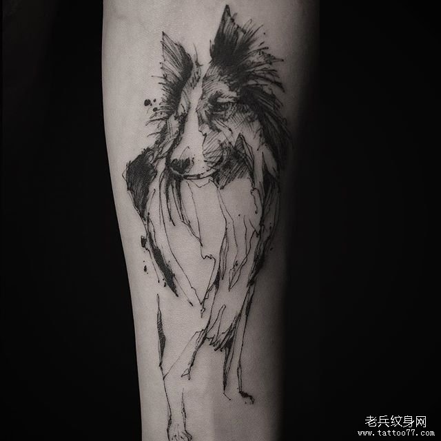欧美小臂线条泼墨狗纹身图案