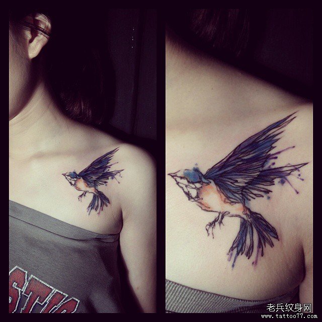肩部欧美泼墨线条鸟纹身图案