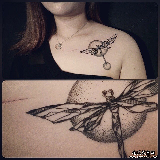 肩部欧美蜻蜓线条点刺纹身图案