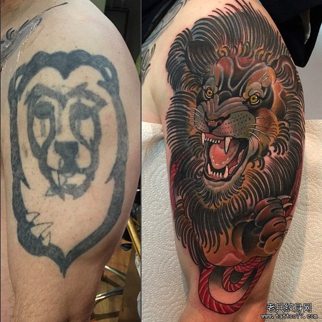 大臂欧美狮子遮盖纹身图案