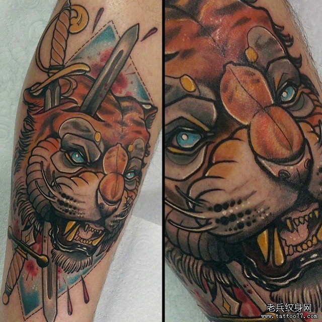 小腿欧美狮子匕首纹身图案