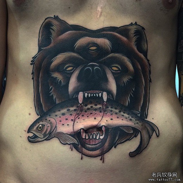 欧美腹部school熊头和鱼纹身图案