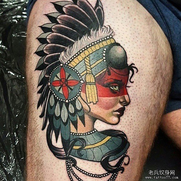 大腿school印第安女郎纹身图案