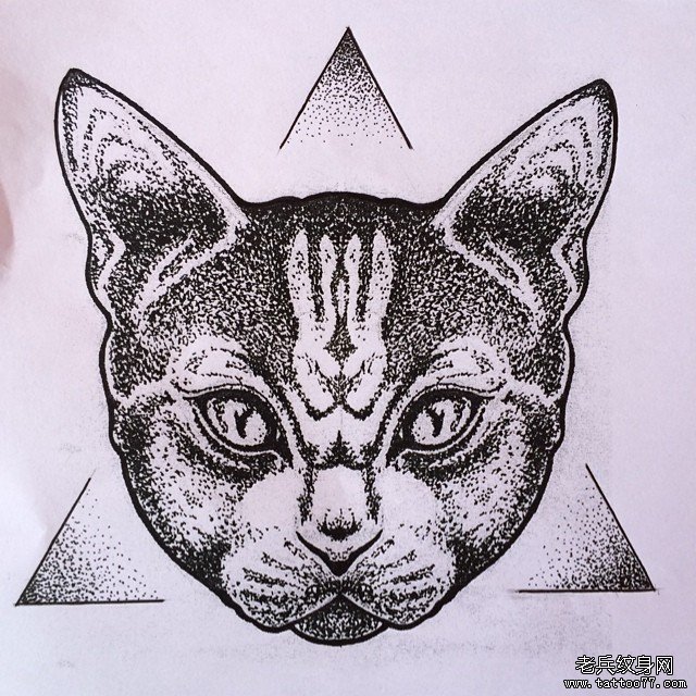 欧美school猫几何点刺纹身图案手稿