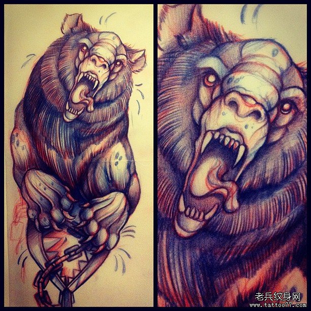 欧美school熊纹身图案手稿