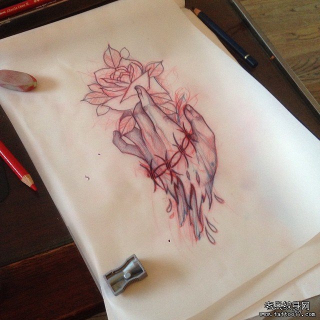 欧美school手玫瑰纹身图案手稿