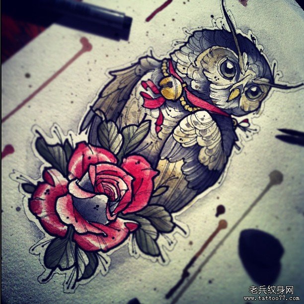 欧美猫头鹰玫瑰彩绘纹身图案手稿