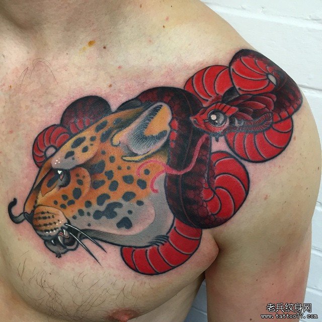 胸部欧美豹头与红色的蛇纹身图案