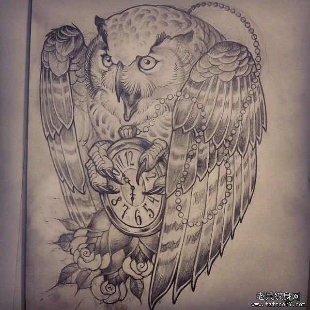 欧美school猫头鹰时钟纹身图案手稿