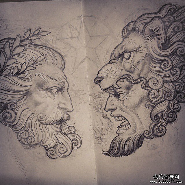 欧美school人像狮子纹身图案手稿