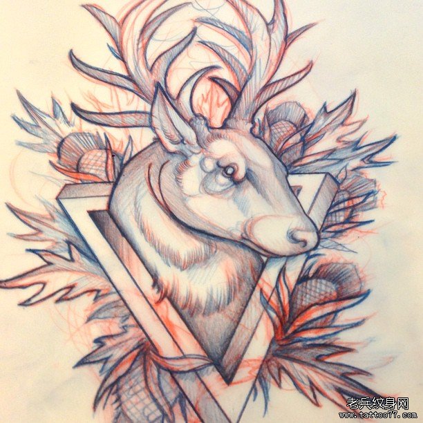欧美麋鹿植物纹身图案手稿