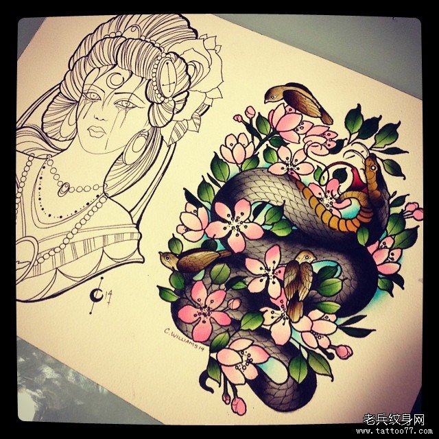欧美school蛇桃花女郎纹身图案手稿