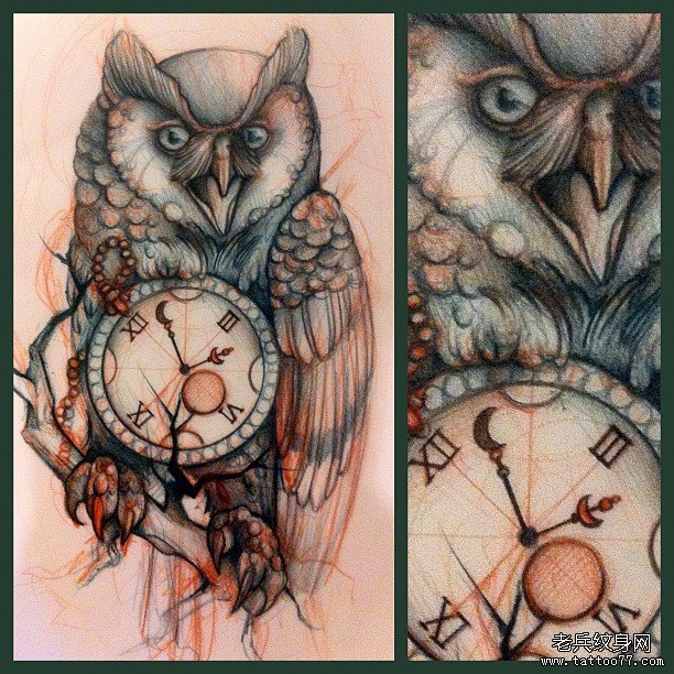 欧美school猫头鹰钟表纹身图案手稿