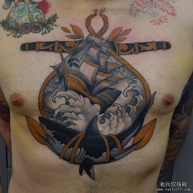 胸部欧美鲨鱼帆船纹身图案