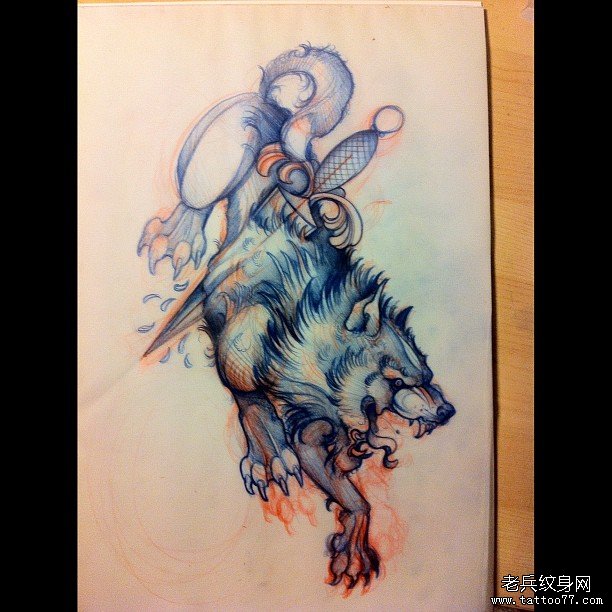 欧美school狼和匕首纹身图案手稿