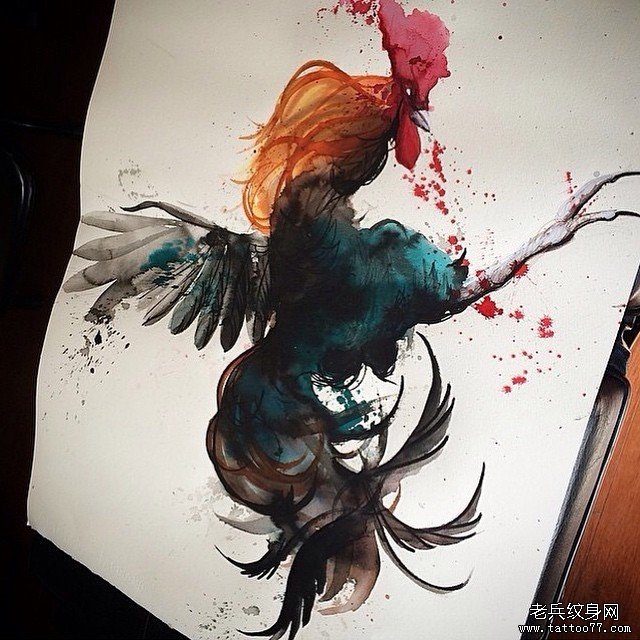 欧美school写实公鸡泼墨彩绘纹身图案手稿
