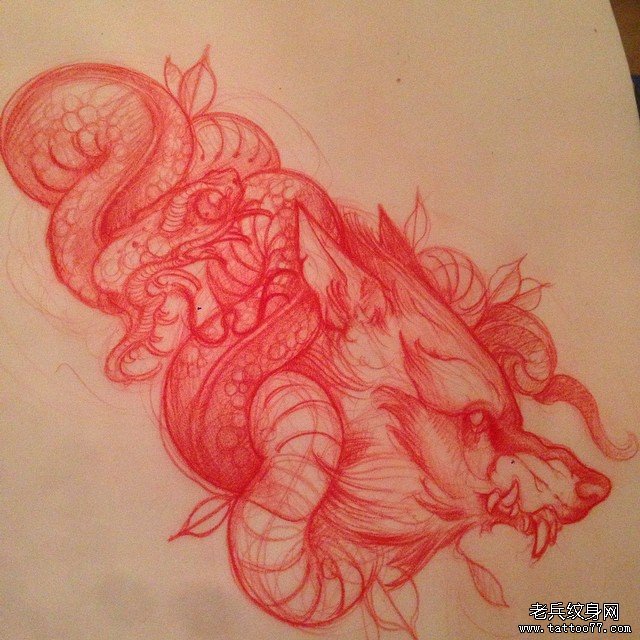 欧美school狼头蛇纹身图案手稿