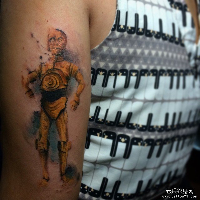 大臂泼墨金色机器人欧美纹身图案