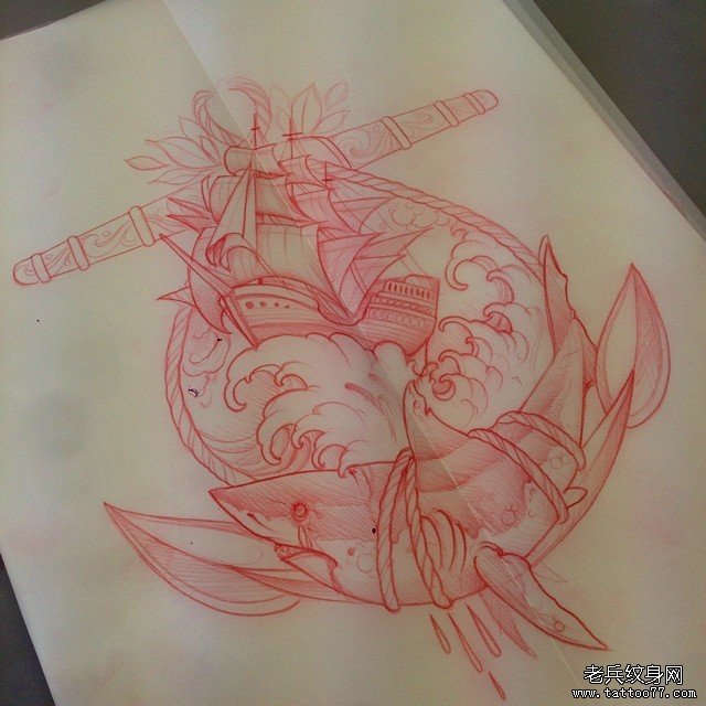 欧美school帆船鲨鱼纹身图案手稿