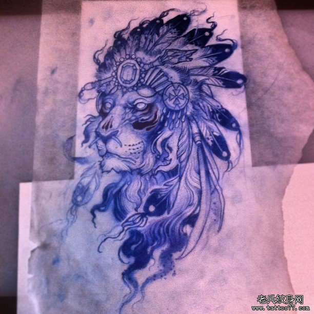 欧美school印第安狮子纹身图案手稿