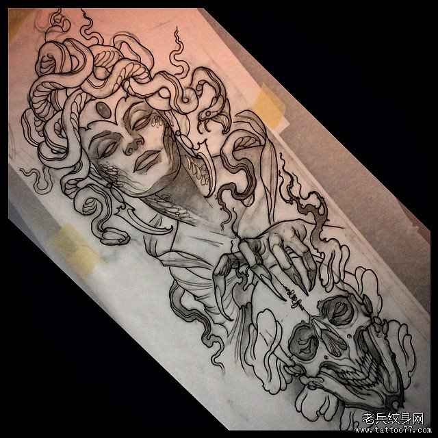 欧美school美杜莎骷髅纹身图案手稿