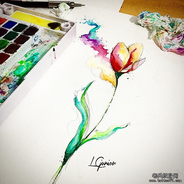欧美泼墨彩色花朵纹身图案手稿