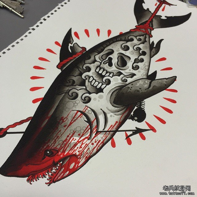 欧美血腥鲨鱼骷髅school纹身图案手稿