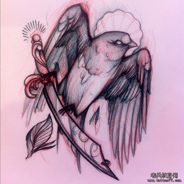 欧美school鸟匕首纹身图案手稿