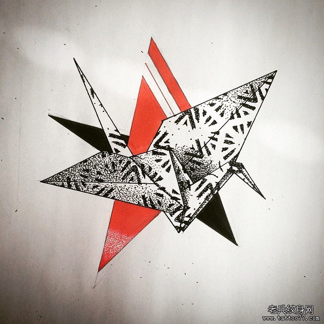 欧美千纸鹤几何纹身图案手稿