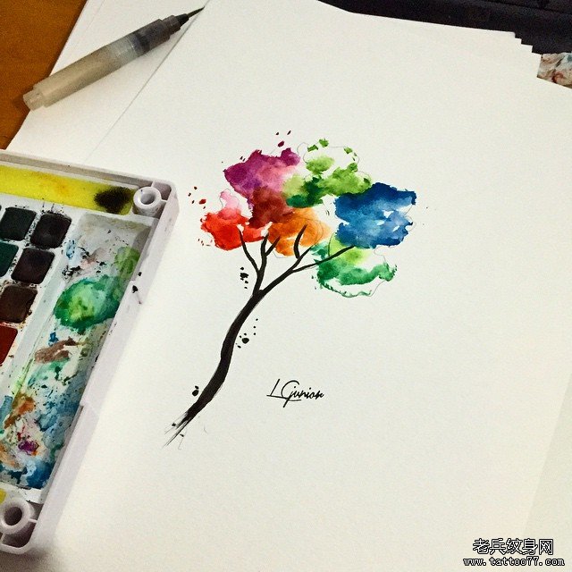 欧美泼墨彩色美丽的树纹身图案手稿
