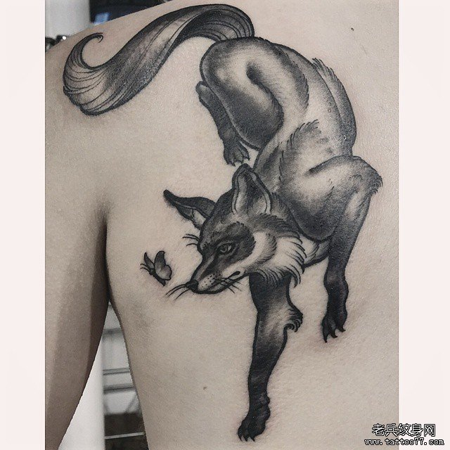 背部欧美狐狸黑灰纹身图案