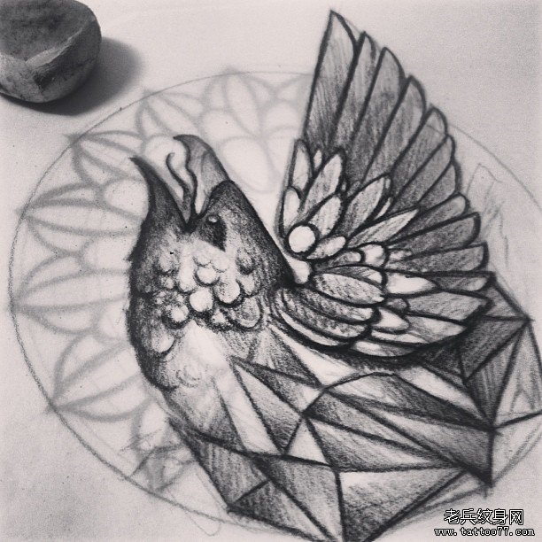 欧美school鸟几何纹身图案手稿