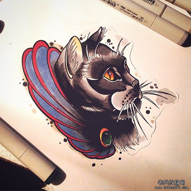 欧美school黑猫纹身图案手稿