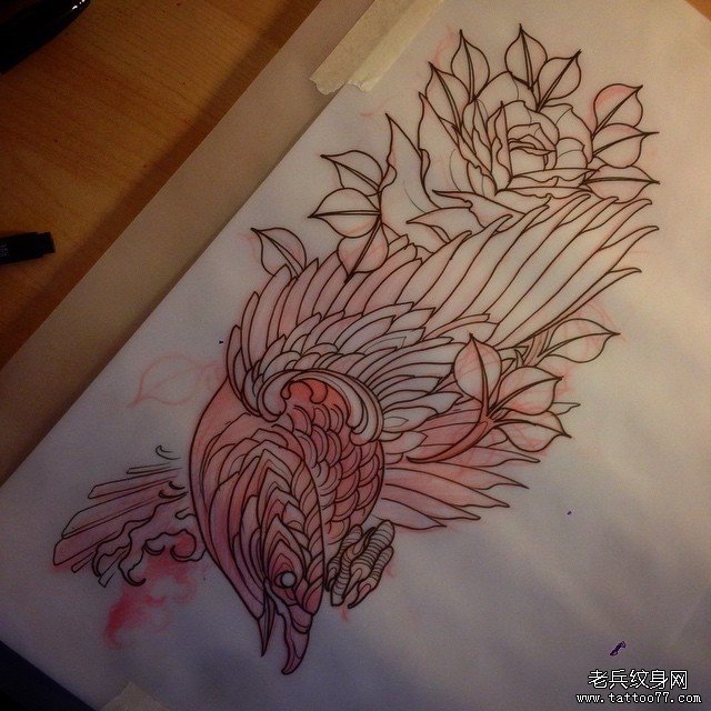 欧美school乌鸦玫瑰纹身图案手稿