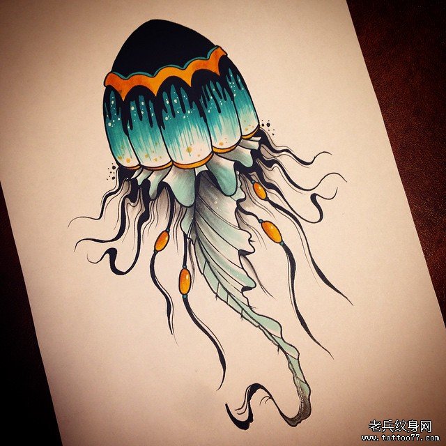 欧美水母水彩泼墨纹身图案手稿