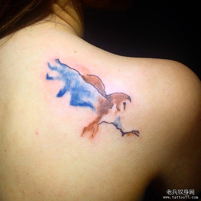背部小清新欧美泼墨猫头鹰纹身图案