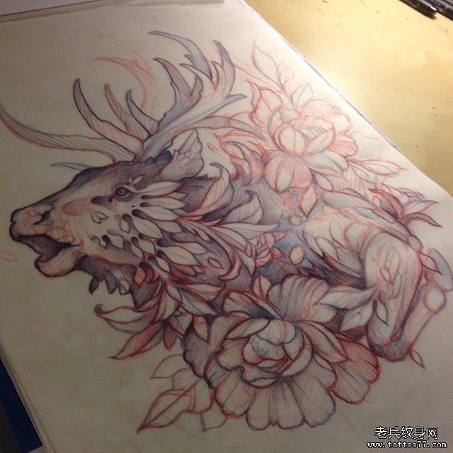 欧美school花卉麋鹿纹身图案手稿