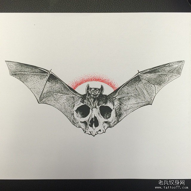 欧美school蝙蝠骷髅点刺纹身图案手稿
