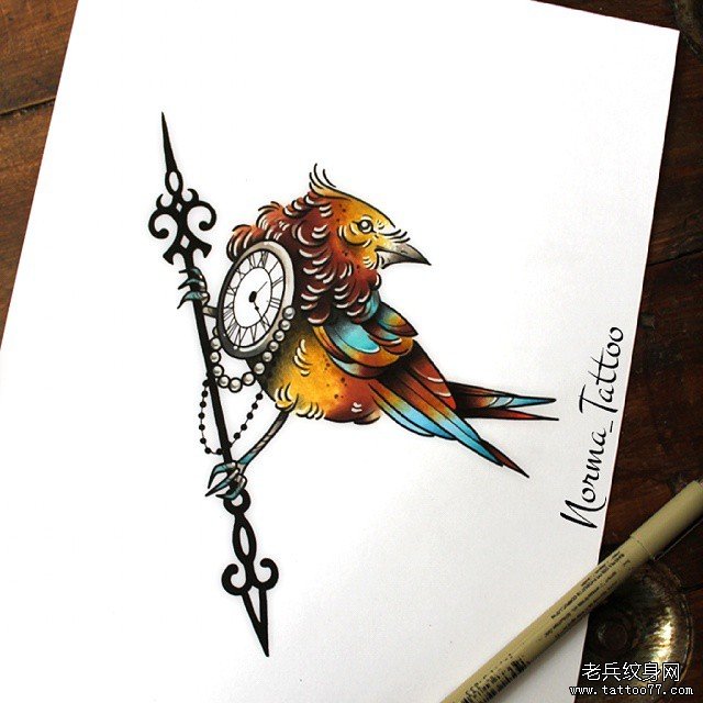 欧美school鸟钟表纹身图案手稿