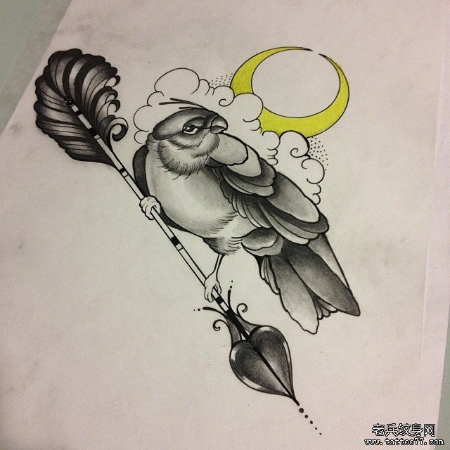 欧美school鸟月亮纹身图案手稿